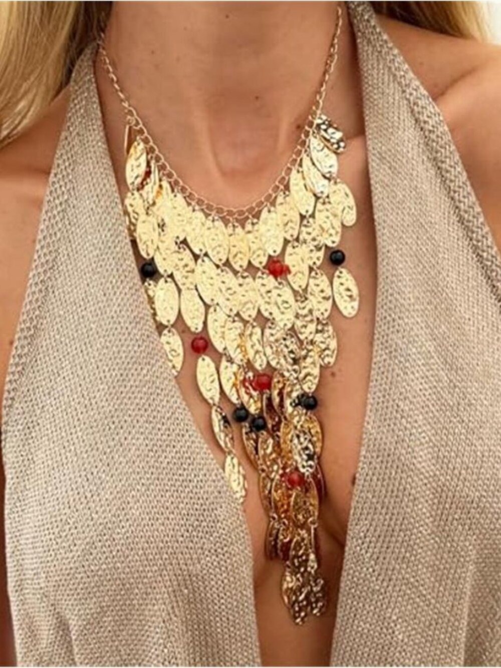 Chunky Gold Tone Hammered Coin Necklace Oval Disc Tassel Boho Statement Choker